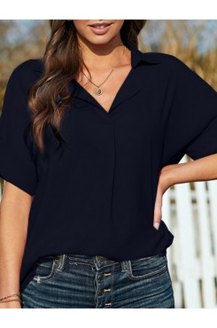 Solid Lapel Half Sleeve Casual Blouse