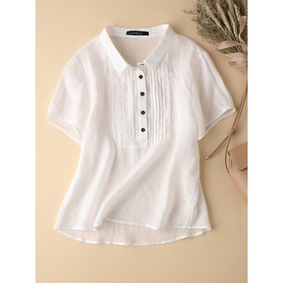 Solid Patchwork Button Lapel Short Sleeve Casual Blouse