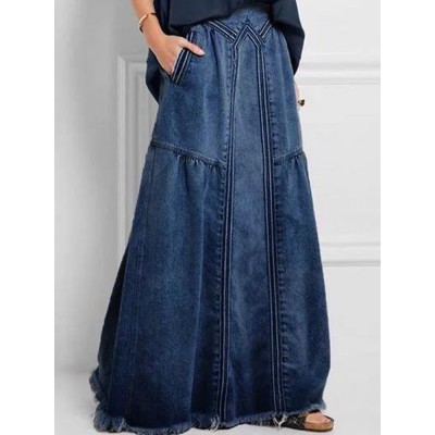 Women Distressed Solid Color Elastic Waist Loose Denim Skirt With Pocket