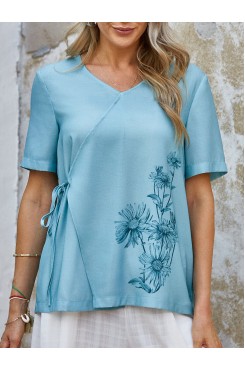 Cotton linen shirt women's short sleeved belly covering linen small shirt HF2409-03-01