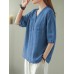 Solid Button Pocket V Neck Half Sleeve Casual Cotton Blouse