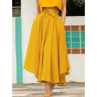 Solid Color High Waist Belted Side Zipper Irregular Hem Casual Skirts