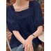 Solid Lace Patchwork Square Collar Short Sleeve Casual Cotton Blouse