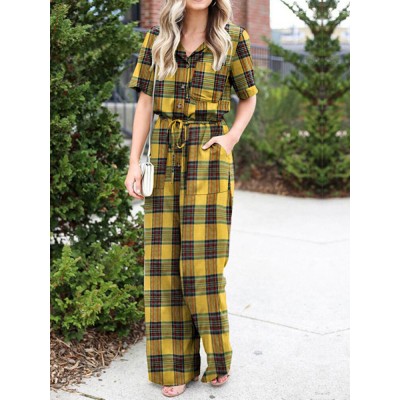 Plaid Print Button Pocket Short Sleeve Wide Leg Jumpsuit