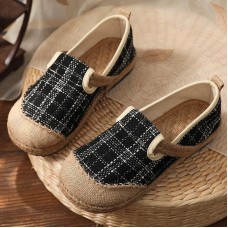 Black Plaid Cotton Linen Patchwork Flat Feet Shoes