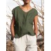 Solid Pocket Slit V  neck Short Sleeve Casual Blouse