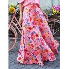 Colorful Floral Print Big Swing Elastic Waist Holiday Casual Long Skirt For Women