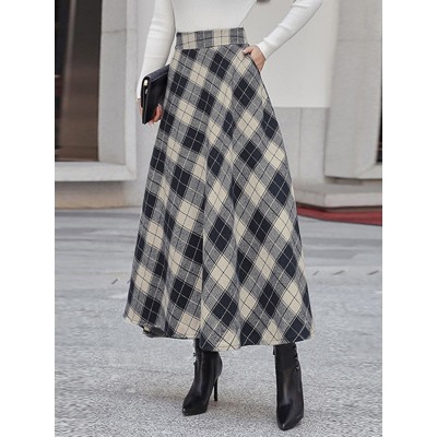 Women Plaid A  Line Vintage High Waist Skirts With Pocket