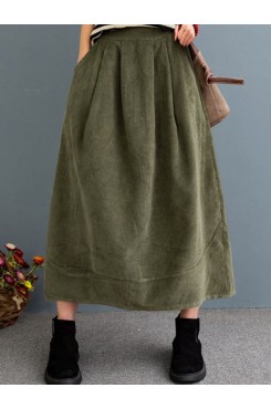 Women Corduroy Solid Elastic Waist Leisure Skirt With Side Pockets