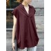 Solid Ruched V Neck Short Sleeve Casual Blouse