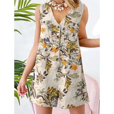 Sleeveless Button Print Flower Pocket Regular Fit Jumpsuit