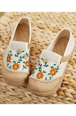 Beige Embroideried Linen Fabric Flats